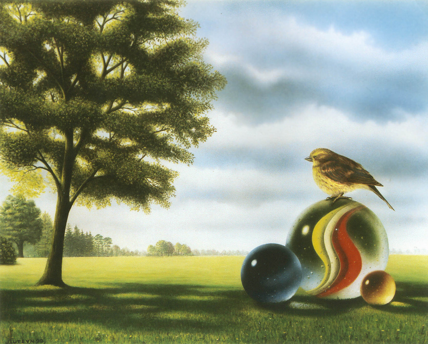 Knikkers (met zieke geelgors) Olieverf