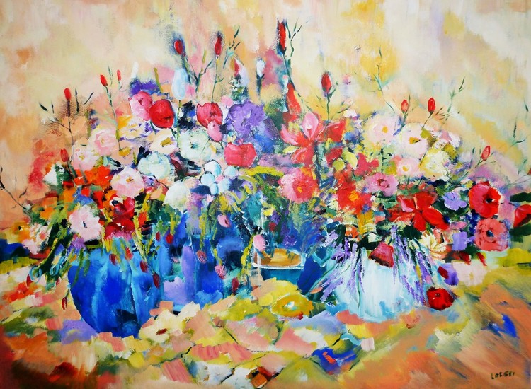 vrolijke potten bloemen