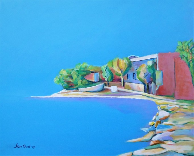 Landtong met rode schuur