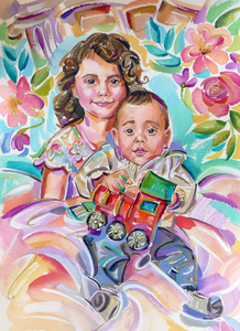 Happy watercolor portraits of people, animals in various sizes. The larger sizes people portraits have a realistic style, made with layers of watercolor in combination with gouache and pens. (different pricing) the smaller sizes are more impressionistic.