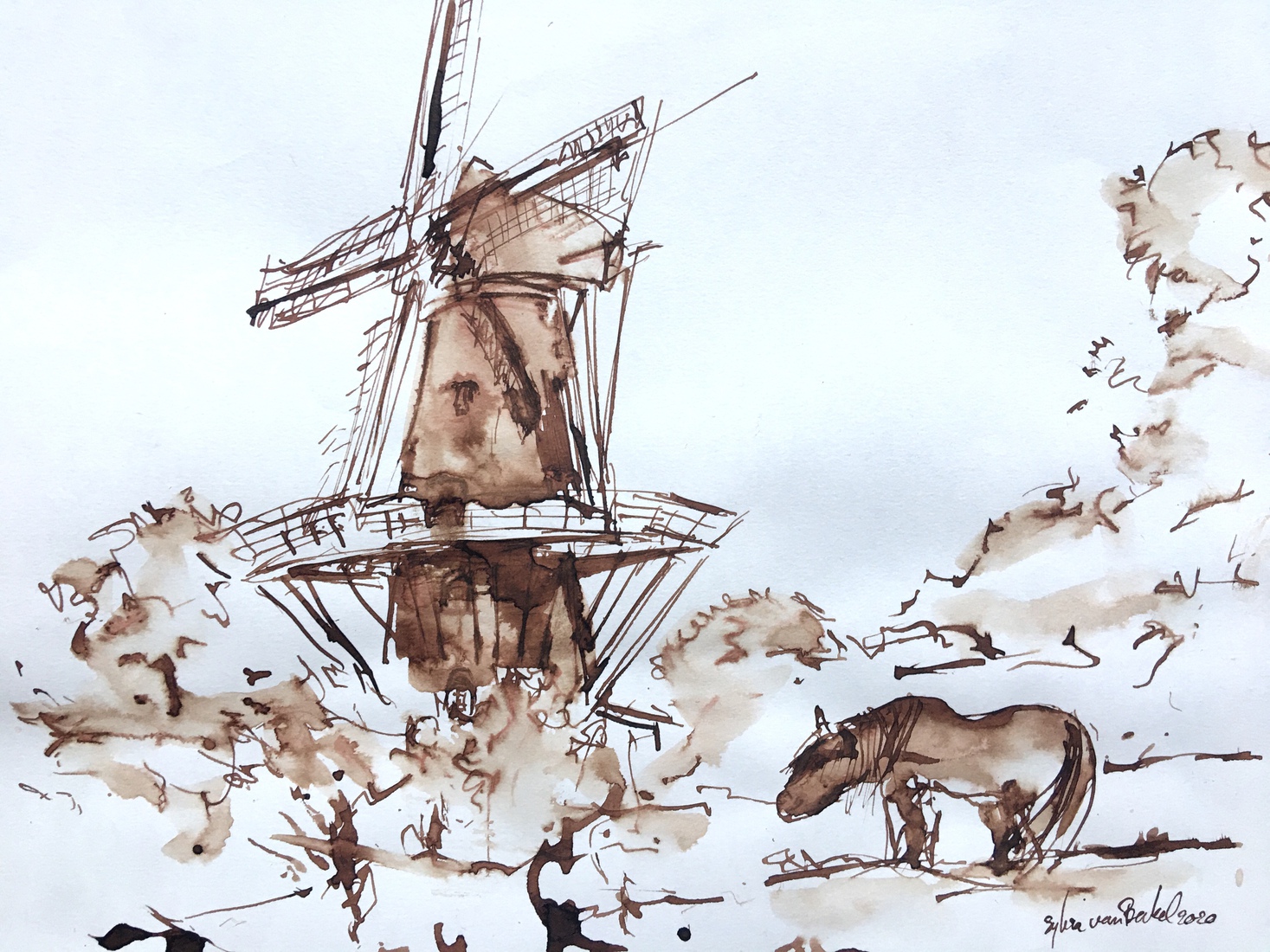 Pony naast een molen