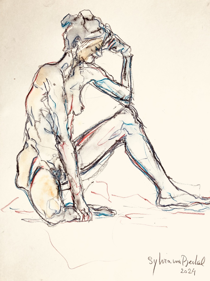 Elleboog rustend op knie