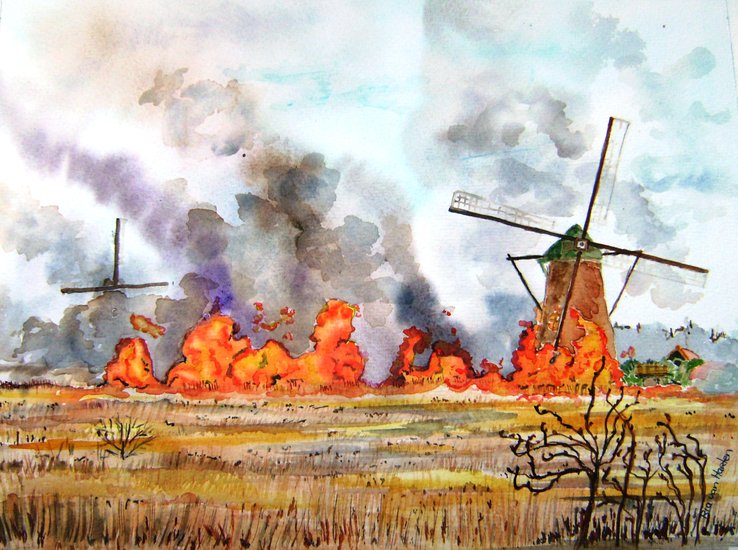 brandend riet op Kinderdijk