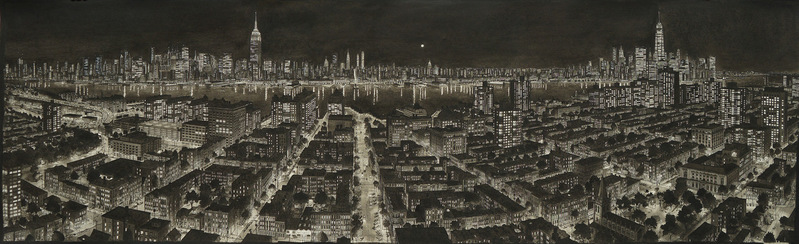 Hoboken, de Hudson en Manhattan bij Nacht