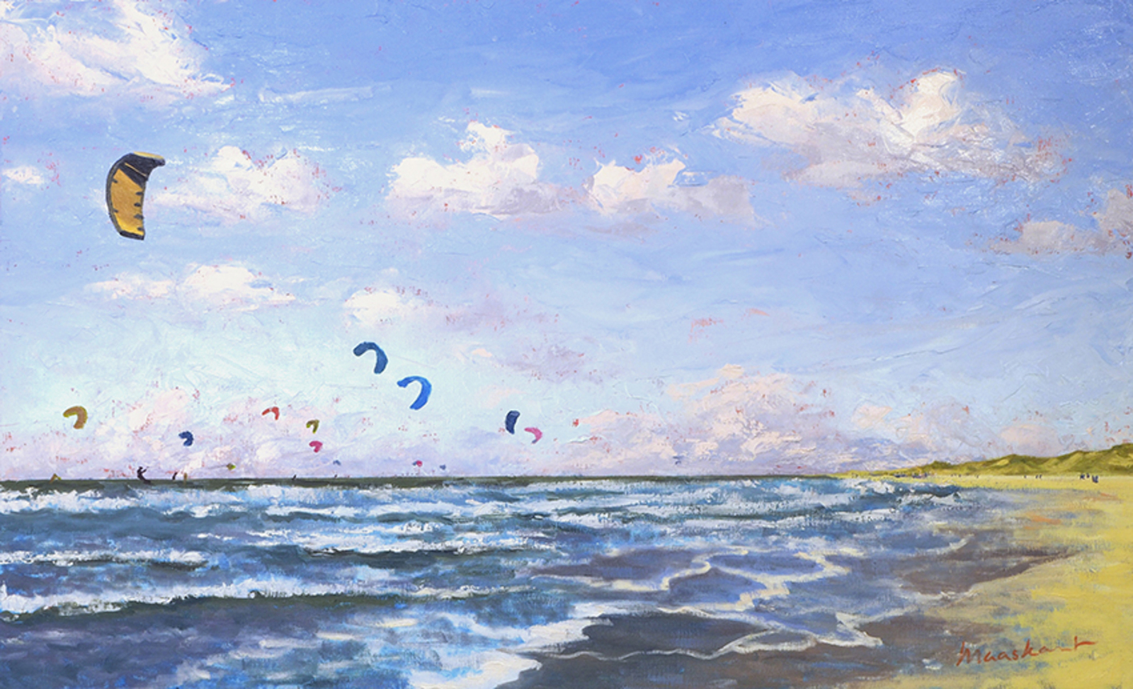 Zeezicht met kitesurfers