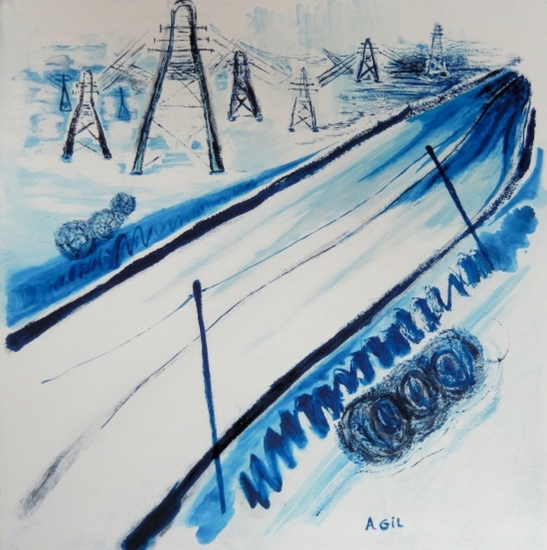 Tumbleweed with electricity tower landscape and empty secondary road