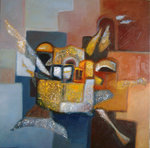 abstracte schilderijen van acryl met allerlei materialen die uiting geven aan de nostalgie en vergane tijden van steden of landschap