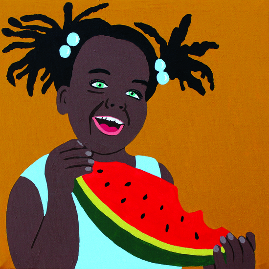 Het vrolijke meisje met haar stuk watermeloen