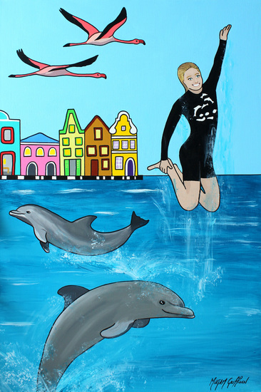 Eline op zee zwemt met dolfijnen
