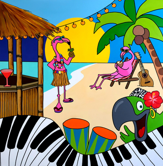 Flamingo's op het strand met cocktails en muziek