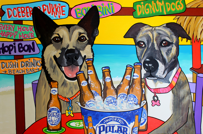 De honden zijn heerlijk aan het genieten met een biertje en een hapje het is happy hour.