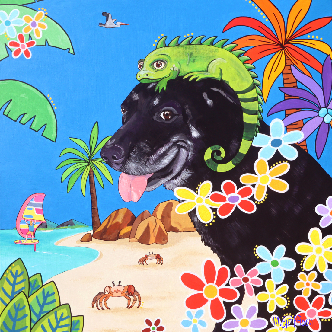 Boeddha de vrolijkste blij kijkende hond van Guadeloupe op het strand van St Anne