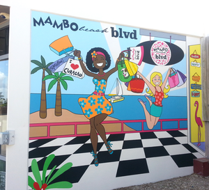Diverse muurschilderingen op de Boulevard entree op Mambo beach, barretjes, logo's, kinderkamers etc.