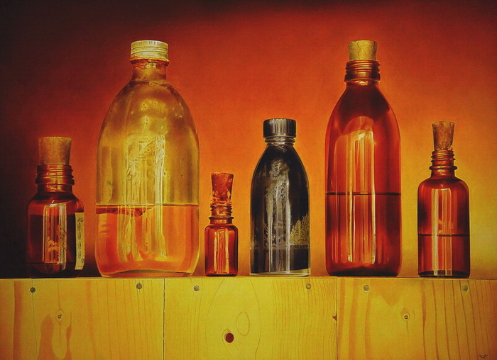 Stilleven met zes flessen.