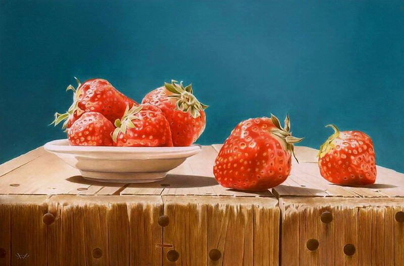 4. Stilleven met zes aardbeien.