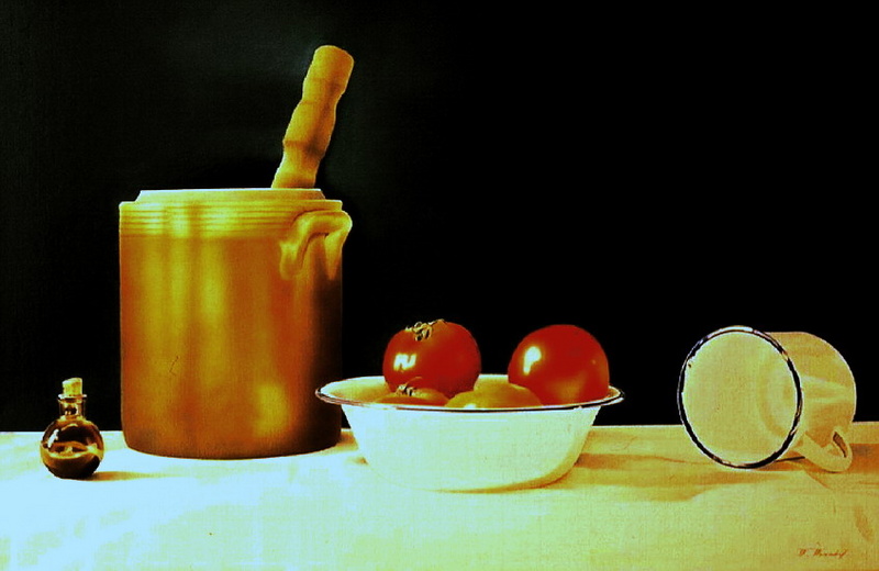 Stillevenmet tomaten en diverse voorwerpen.