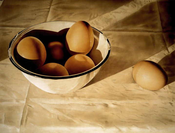 Stilleven met schaal en eieren.