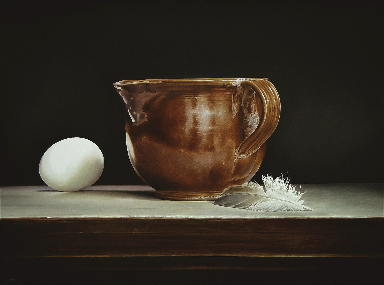 Stilleven met kom en veertje.