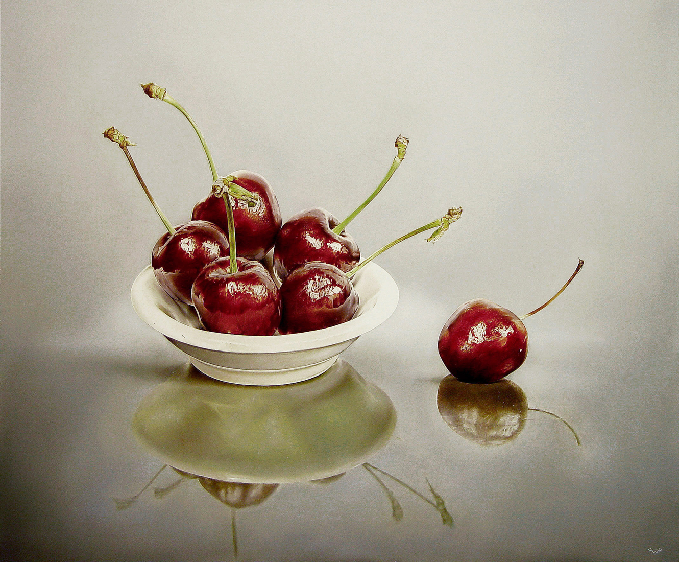 Stilleven met kersen in een schaaltje.