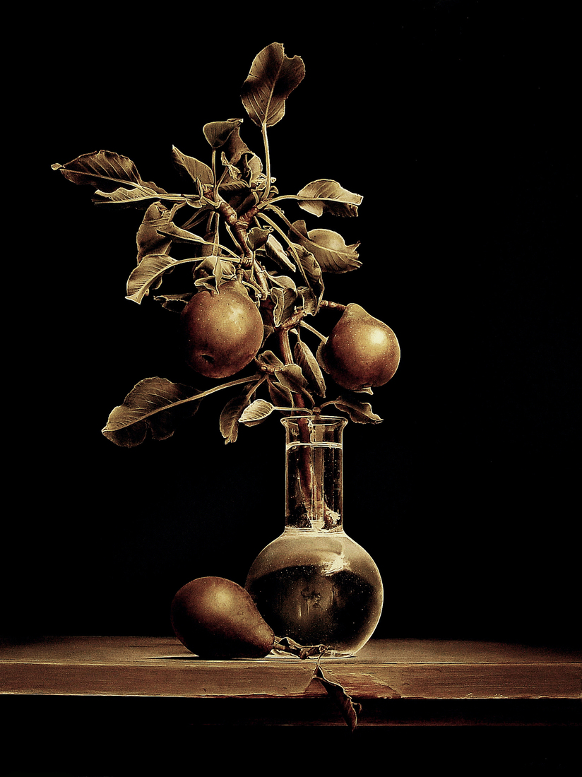 Stilleven met peren en stolp.