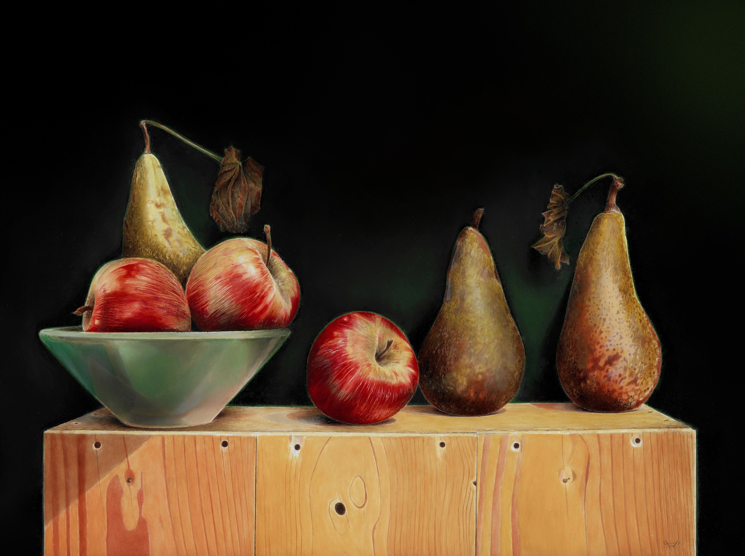 Stilleven met drie peren en drie appels.