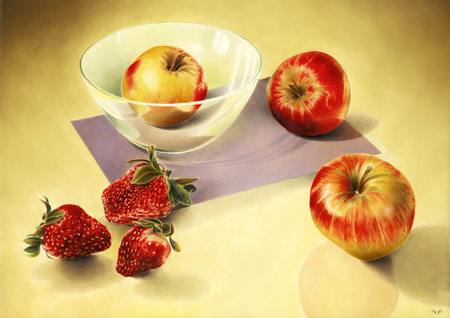 Stilleven met drie appels en drie aardbeien.