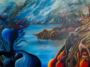 Landschappen met organische vormen in een surrealistische stijl,