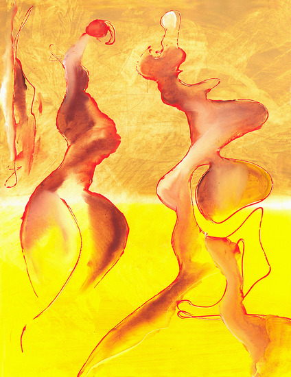 figures, yellow landscape