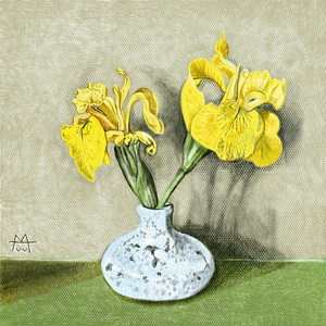 Een vaasje van Mobach met een bloemetje, getekend op de iPad. 