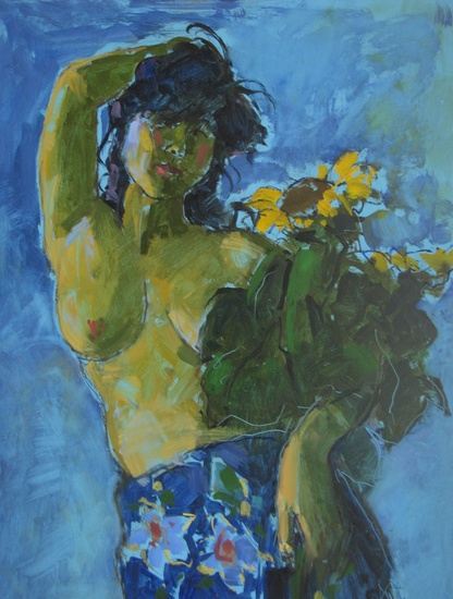 vrouw met zonnebloemen