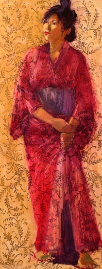 vrouw in rode kimono