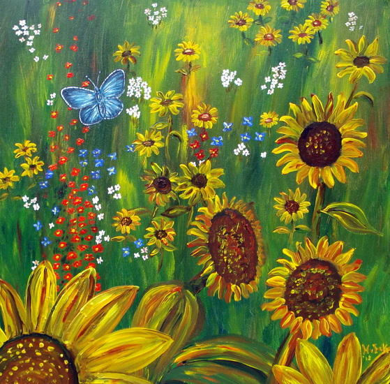 Blauwe vlinder en zonnebloemen