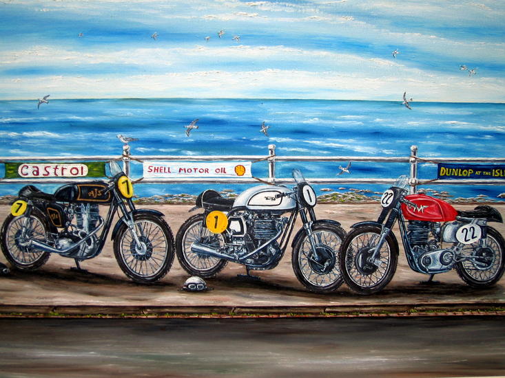 Norton Manx, Matchles G50, AJS (Boyracer). Olieverfschilderij