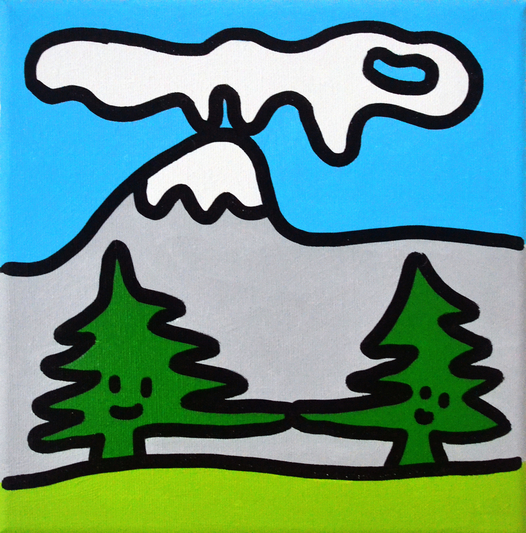 Wolk kust berg, met twee bomen