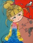 Gebaseerd op Japanse Kokeshi poppetjes. Uitgevoerd in acryl, inkt, stof, vilt, kunstwimpertjes etc.