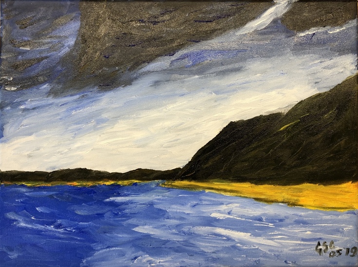 2019-05 Zeegezicht met strand en bergen 30x40 