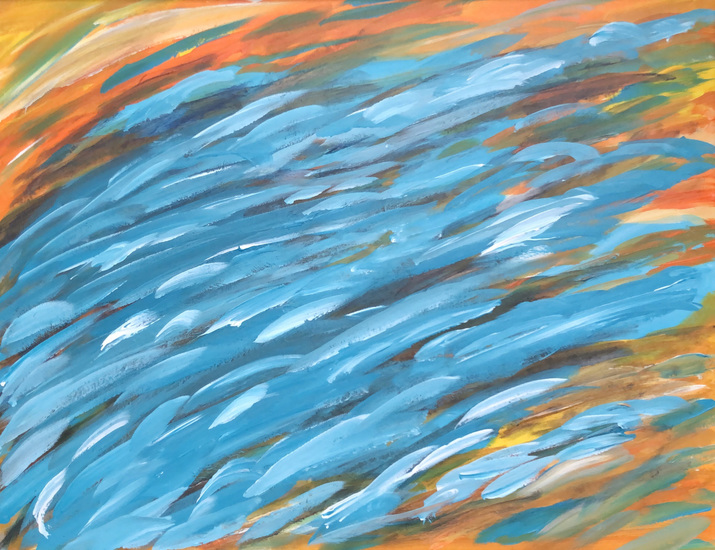 2019-05 Abstract in oranje en lichtblauw 50x65