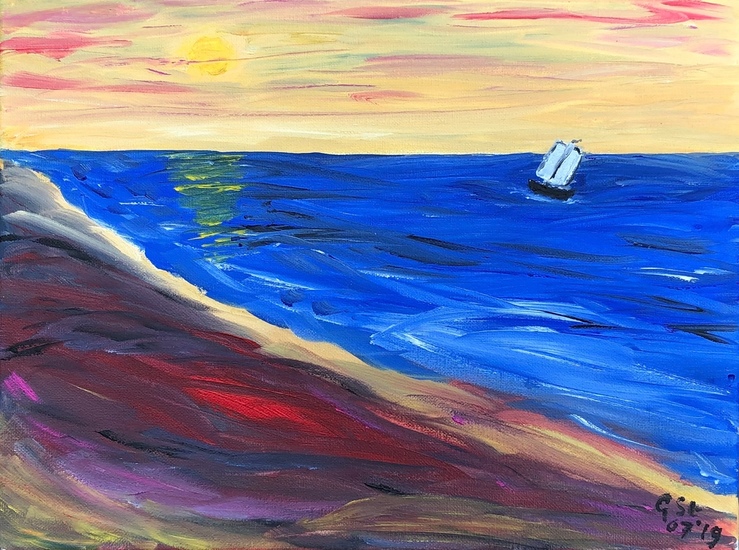 2019-07 Zeegezicht met strand en zeilboot