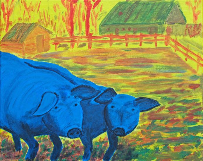 2012-05 L5121366a Blauwe varkentjes met lijst 40x50