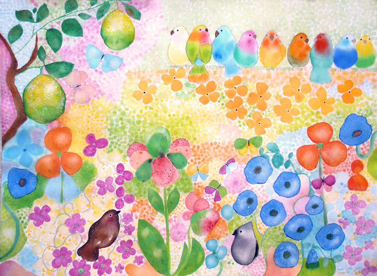 Original Watercolor, Spring 2010. Lovebirds and Lemons.