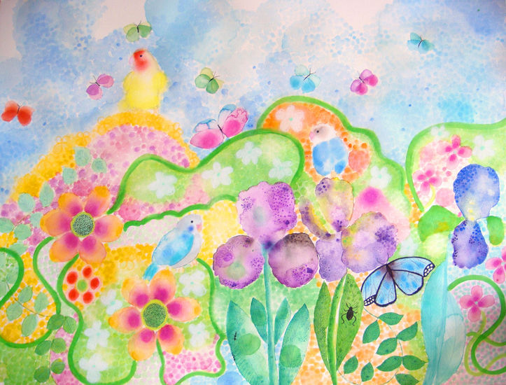 ORIGINAL WATERCOLOR SPRING 2010. FLOWERS AND BLUE SKY
