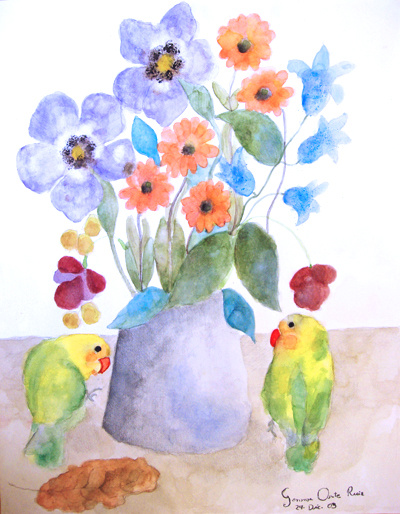 Bouquet of flowers with lovebirds