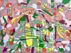 De werken in deze groep hebben een acryl gegoten achtergrond waar overheen een spontane lijntekening is gezet en ingekleurd.