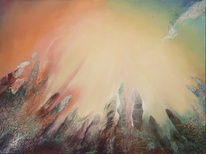 In gemengde techniek begin ik het schilderij in abstractie, daar vanuit gaande voeg ik figuratieve elementen toe. Olieverf is de toplaag omdat ik de kleuren dieper vind en vervloeiingen mooier kan laten verlopen.