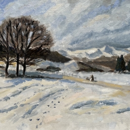 Winterlandschap met wandelaar