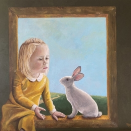 Saar met konijn, klassiek meesterwerk van een meisje met konijn in het raamkozijn.