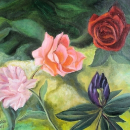 Symfonie van Bloemen – Drie Rozen en een Rododendron 