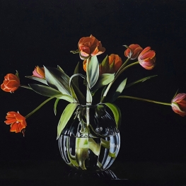 Tulpen in glazen vaas (naar foto Jaqueline Bleiker)