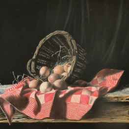 Mand met eieren en rode doek