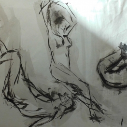 Naar model getekend met saté stokje in gewassen inkt.